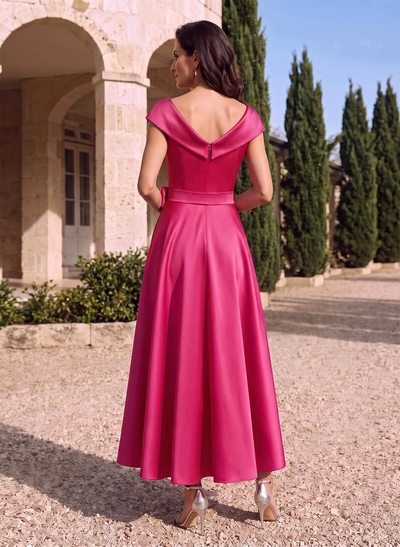 Modest V-Neck Cap Straps Bow Accented Satin Mother Of The Bride Dresses
