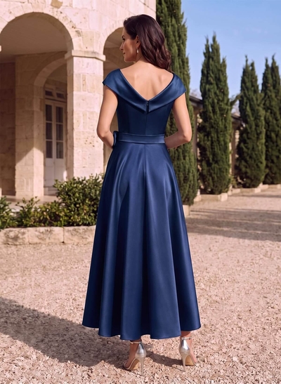 Modest V-Neck Cap Straps Bow Accented Satin Mother Of The Bride Dresses