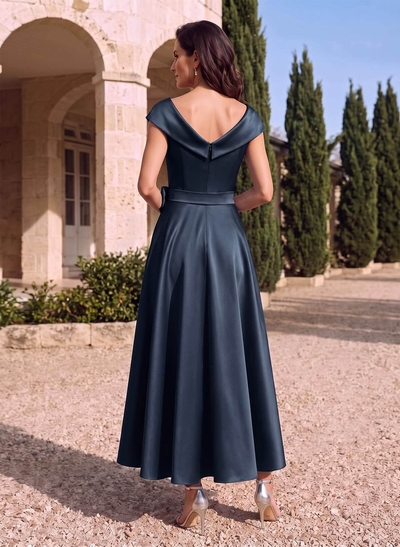 Modest V-Neck Cap Straps Bow Accented Satin Mother Of The Bride Dresses