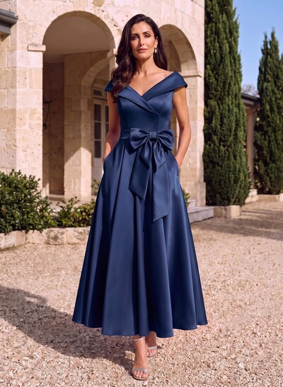 Modest V-Neck Cap Straps Bow Accented Satin Mother Of The Bride Dresses