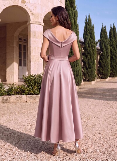 Modest V-Neck Cap Straps Bow Accented Satin Mother Of The Bride Dresses