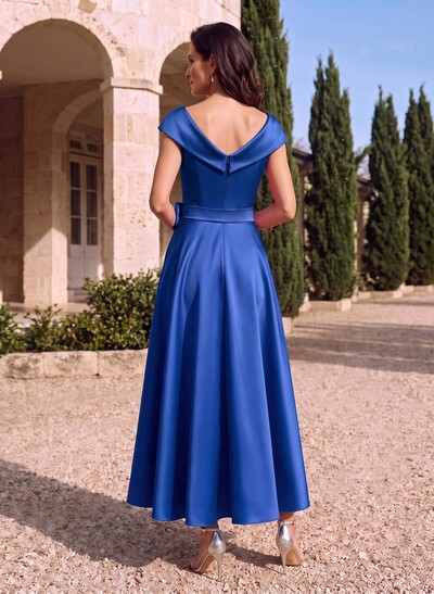 Modest V-Neck Cap Straps Bow Accented Satin Mother Of The Bride Dresses