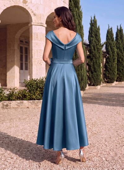 Modest V-Neck Cap Straps Bow Accented Satin Mother Of The Bride Dresses