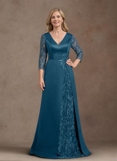 A-Line V-Neck 3/4 Sleeves Floor-Length Satin/Lace Mother Of The Bride Dresses