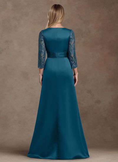 A-Line V-Neck 3/4 Sleeves Floor-Length Satin/Lace Mother Of The Bride Dresses