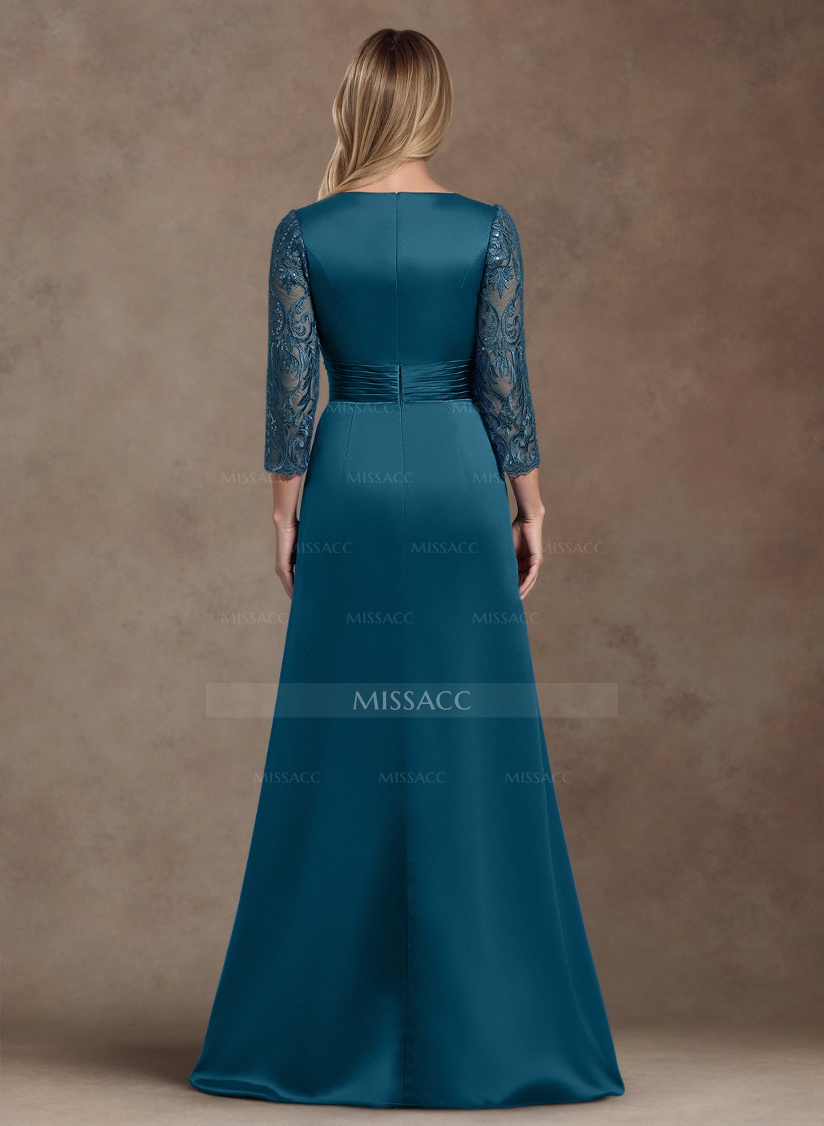 A-Line V-Neck 3/4 Sleeves Floor-Length Satin/Lace Mother Of The Bride Dresses