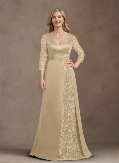 Elegant V-Neck A-Line Satin Mother Of The Bride Dresses With Appliques Lace