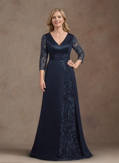 Elegant V-Neck A-Line Satin Mother Of The Bride Dresses With Appliques Lace