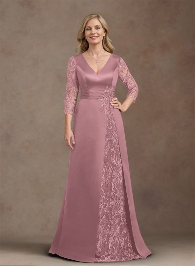 Elegant V-Neck A-Line Satin Mother Of The Bride Dresses With Appliques Lace