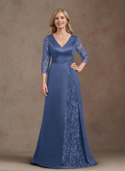 Elegant V-Neck A-Line Satin Mother Of The Bride Dresses With Appliques Lace