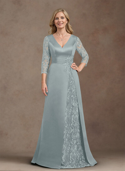 Elegant V-Neck A-Line Satin Mother Of The Bride Dresses With Appliques Lace