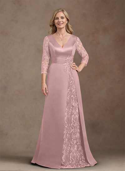 Elegant V-Neck A-Line Satin Mother Of The Bride Dresses With Appliques Lace