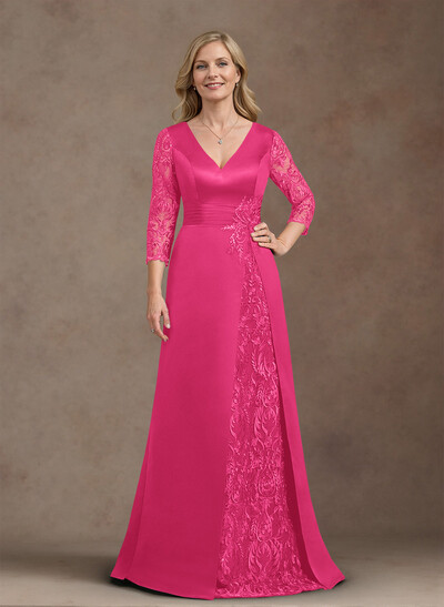 Elegant V-Neck A-Line Satin Mother Of The Bride Dresses With Appliques Lace