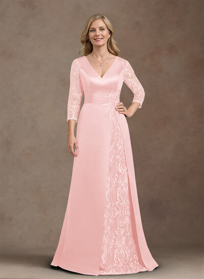 Elegant V-Neck A-Line Satin Mother Of The Bride Dresses With Appliques Lace