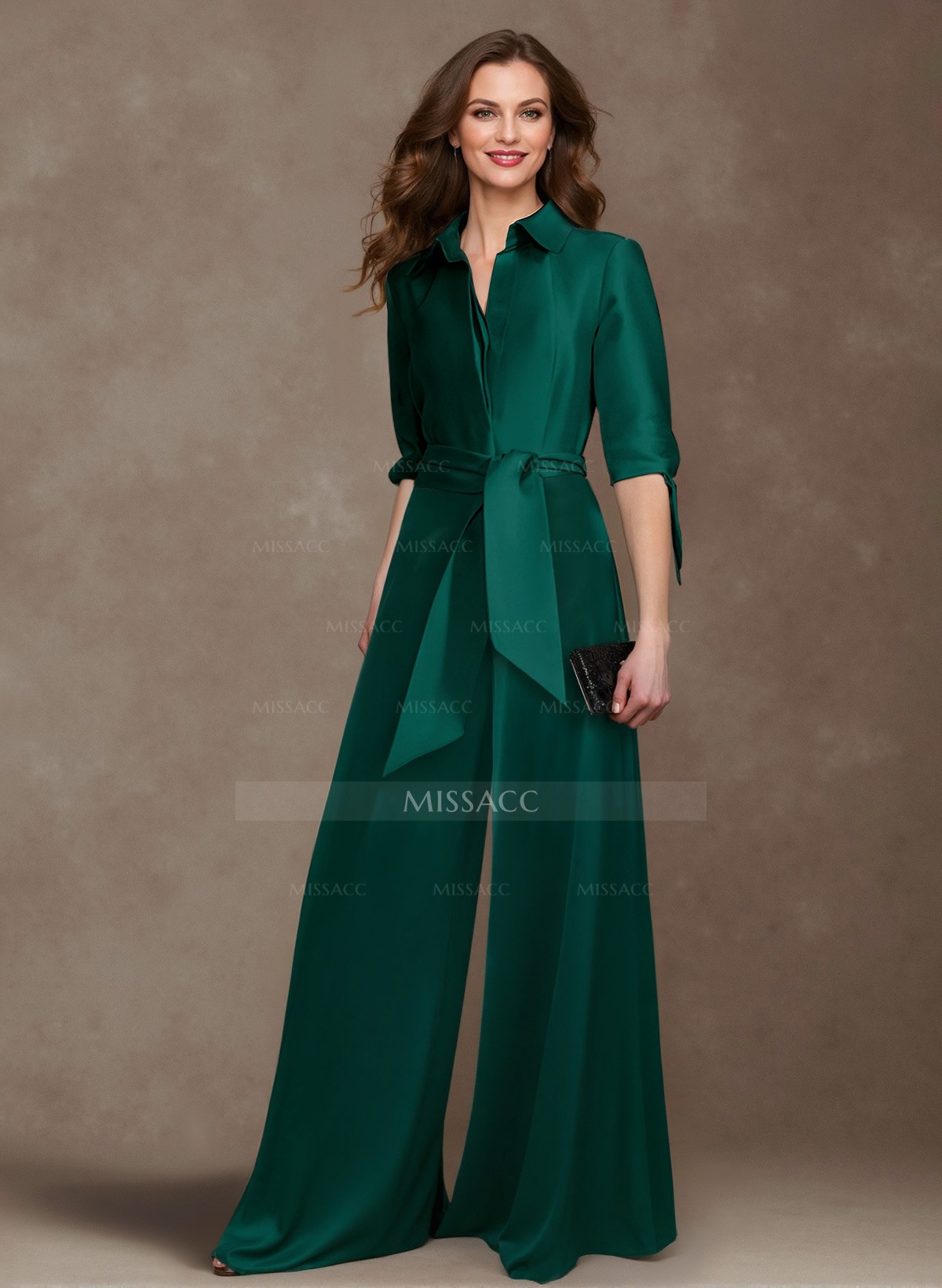 Classy Tie-Front Jumpsuit/Pantsuit V-Neck Satin Mother Of The Bride Dresses