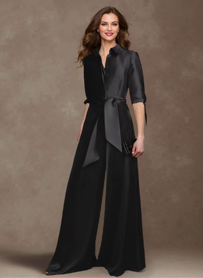 Classy Tie-Front Jumpsuit/Pantsuit V-Neck Satin Mother Of The Bride Dresses