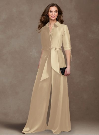 Classy Tie-Front Jumpsuit/Pantsuit V-Neck Satin Mother Of The Bride Dresses