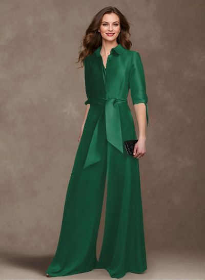 Classy Tie-Front Jumpsuit/Pantsuit V-Neck Satin Mother Of The Bride Dresses