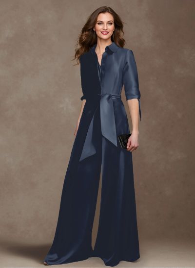 Classy Tie-Front Jumpsuit/Pantsuit V-Neck Satin Mother Of The Bride Dresses