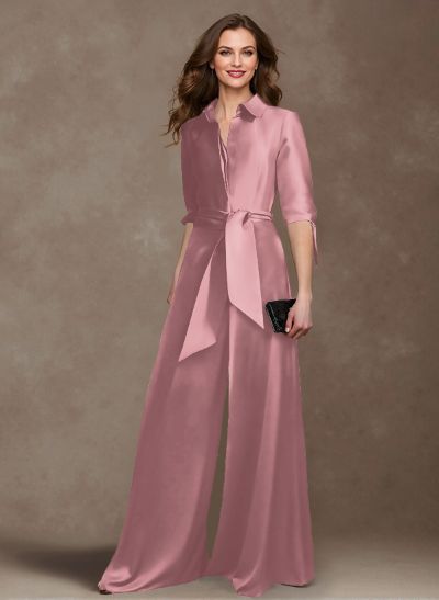 Classy Tie-Front Jumpsuit/Pantsuit V-Neck Satin Mother Of The Bride Dresses