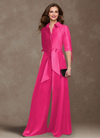 Classy Tie-Front Jumpsuit/Pantsuit V-Neck Satin Mother Of The Bride Dresses