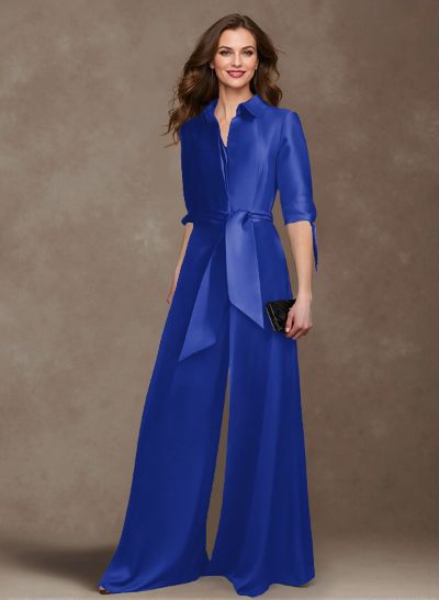 Classy Tie-Front Jumpsuit/Pantsuit V-Neck Satin Mother Of The Bride Dresses