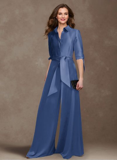 Classy Tie-Front Jumpsuit/Pantsuit V-Neck Satin Mother Of The Bride Dresses