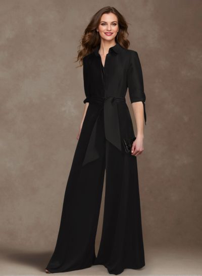 Classy Tie-Front Jumpsuit/Pantsuit V-Neck Crepe Satin Mother Of The Bride Dresses