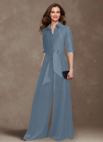 Classy Tie-Front Jumpsuit/Pantsuit V-Neck Crepe Satin Mother Of The Bride Dresses