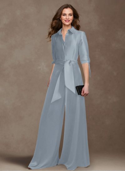 Classy Tie-Front Jumpsuit/Pantsuit V-Neck Crepe Satin Mother Of The Bride Dresses