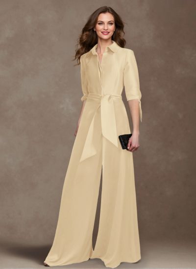 Classy Tie-Front Jumpsuit/Pantsuit V-Neck Crepe Satin Mother Of The Bride Dresses