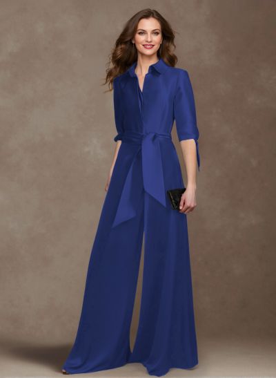 Classy Tie-Front Jumpsuit/Pantsuit V-Neck Crepe Satin Mother Of The Bride Dresses