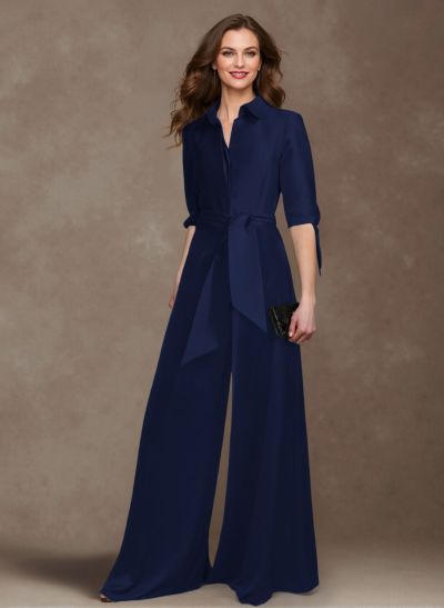 Classy Tie-Front Jumpsuit/Pantsuit V-Neck Crepe Satin Mother Of The Bride Dresses
