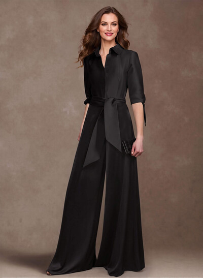 Classy Tie-Front Jumpsuit/Pantsuit V-Neck Crepe Satin Mother Of The Bride Dresses