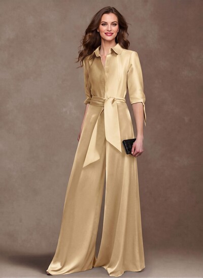 Classy Tie-Front Jumpsuit/Pantsuit V-Neck Crepe Satin Mother Of The Bride Dresses
