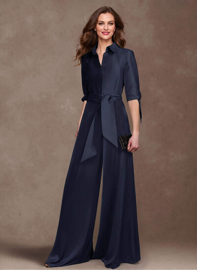 Classy Tie-Front Jumpsuit/Pantsuit V-Neck Crepe Satin Mother Of The Bride Dresses