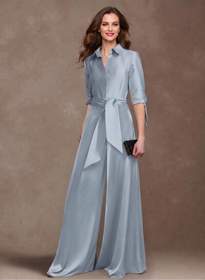 Classy Tie-Front Jumpsuit/Pantsuit V-Neck Crepe Satin Mother Of The Bride Dresses
