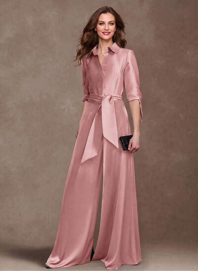 Classy Tie-Front Jumpsuit/Pantsuit V-Neck Crepe Satin Mother Of The Bride Dresses