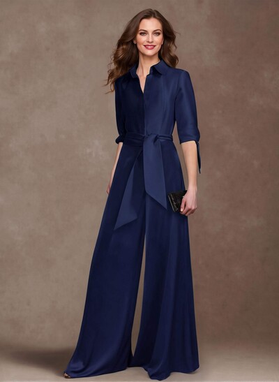 Classy Tie-Front Jumpsuit/Pantsuit V-Neck Crepe Satin Mother Of The Bride Dresses
