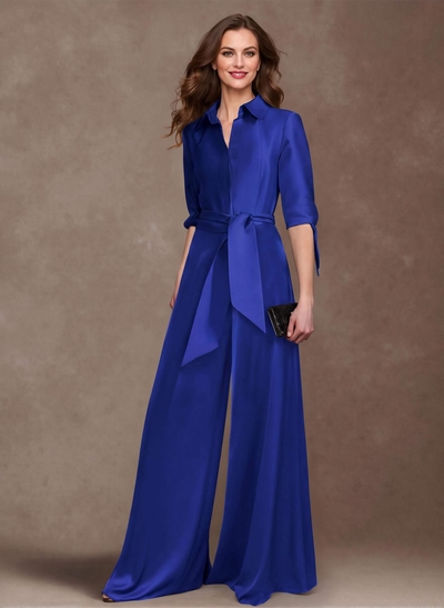 Classy Tie-Front Jumpsuit/Pantsuit V-Neck Crepe Satin Mother Of The Bride Dresses