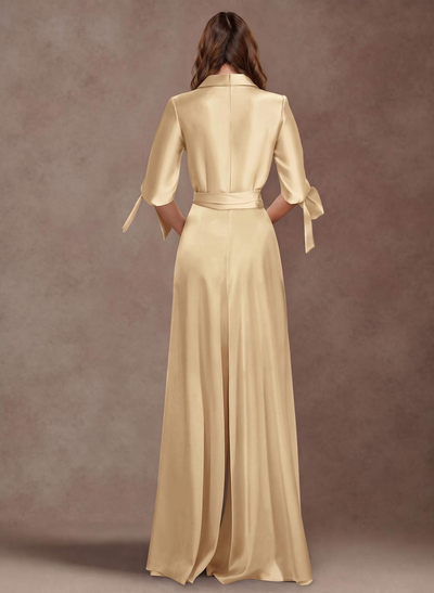 Classy Tie-Front Jumpsuit/Pantsuit V-Neck Crepe Satin Mother Of The Bride Dresses