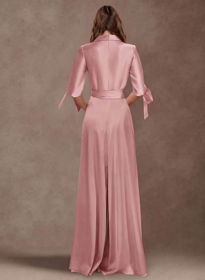 Classy Tie-Front Jumpsuit/Pantsuit V-Neck Crepe Satin Mother Of The Bride Dresses