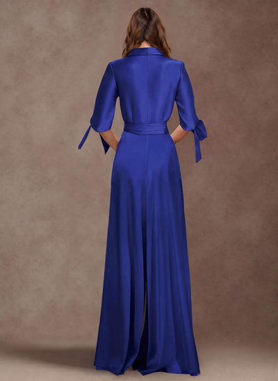 Classy Tie-Front Jumpsuit/Pantsuit V-Neck Crepe Satin Mother Of The Bride Dresses
