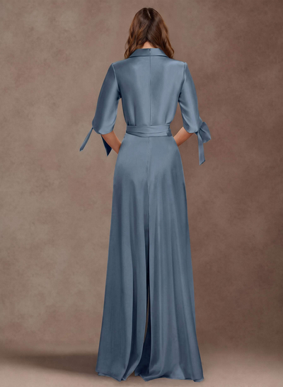 Classy Tie-Front Jumpsuit/Pantsuit V-Neck Crepe Satin Mother Of The Bride Dresses