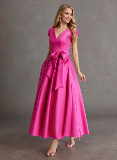 Elegant A-Line V-Neck Cap Sleeves Evening Dresses With Bow(s)/Pockets