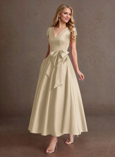 Elegant A-Line V-Neck Cap Sleeves Mother Of The Bride Dresses With Bow(s)/Pockets