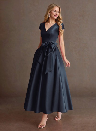 Elegant A-Line V-Neck Cap Sleeves Mother Of The Bride Dresses With Bow(s)/Pockets