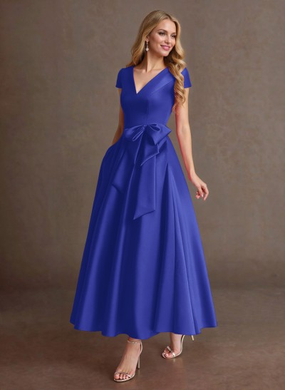 Elegant A-Line V-Neck Cap Sleeves Mother Of The Bride Dresses With Bow(s)/Pockets