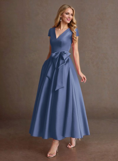 Elegant A-Line V-Neck Cap Sleeves Mother Of The Bride Dresses With Bow(s)/Pockets