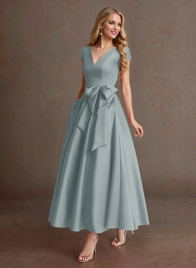 Elegant A-Line V-Neck Cap Sleeves Mother Of The Bride Dresses With Bow(s)/Pockets